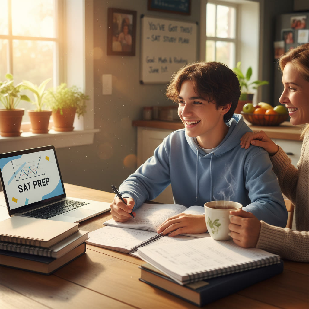 Photo Idea : A warm photo of a high school student studying at a kitchen table with a laptop and paper, a parent nearby offering a cup of tea. Natural light, relaxed atmosphere.