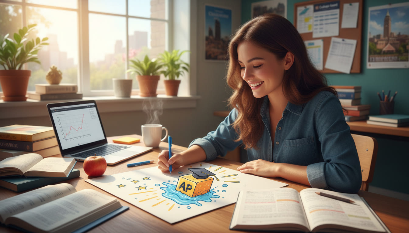 Photo Idea : A bright, energetic student at a desk with notebooks and a laptop, drawing a buoyant block floating in water. This image should sit high in the article to set a positive, studious tone.