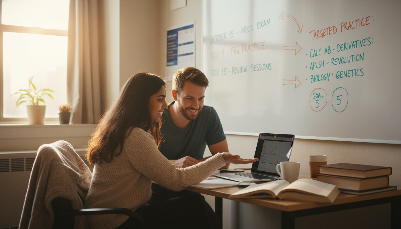 Photo Idea : A cozy late-afternoon scene of a student meeting with a tutor over a laptop, whiteboard behind them showing a study timeline and targeted practice goals   evokes personalized guidance and calm focus.