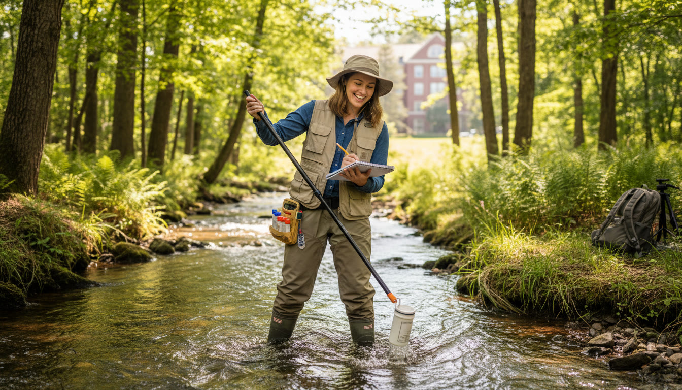 Photo Idea : A student in field gear collecting water samples at a stream, with notepad and test kit visible — reinforces the bridge between classroom learning and hands-on environmental work.