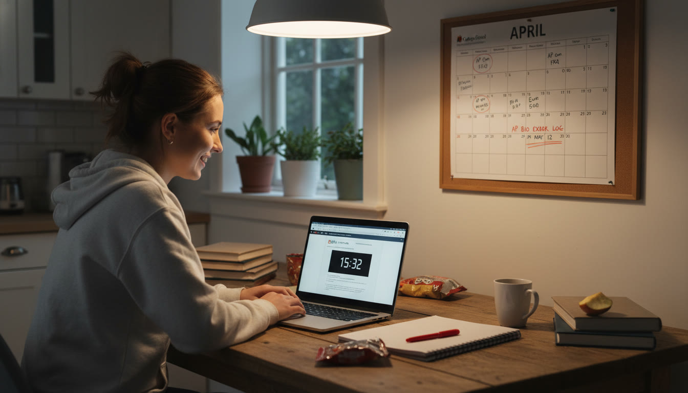 Photo Idea : A student sitting at a kitchen table in the evening with a laptop showing a timed practice test, a notebook open with an error log, and a calendar pinned nearby—portrays the checkpoint review and planning vibe.