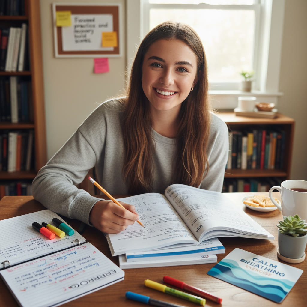 Photo idea: A student at a desk with a practice test, a carefully annotated error log, and a calm breathing exercise card—caption: 'Focused practice and recovery build scores.'