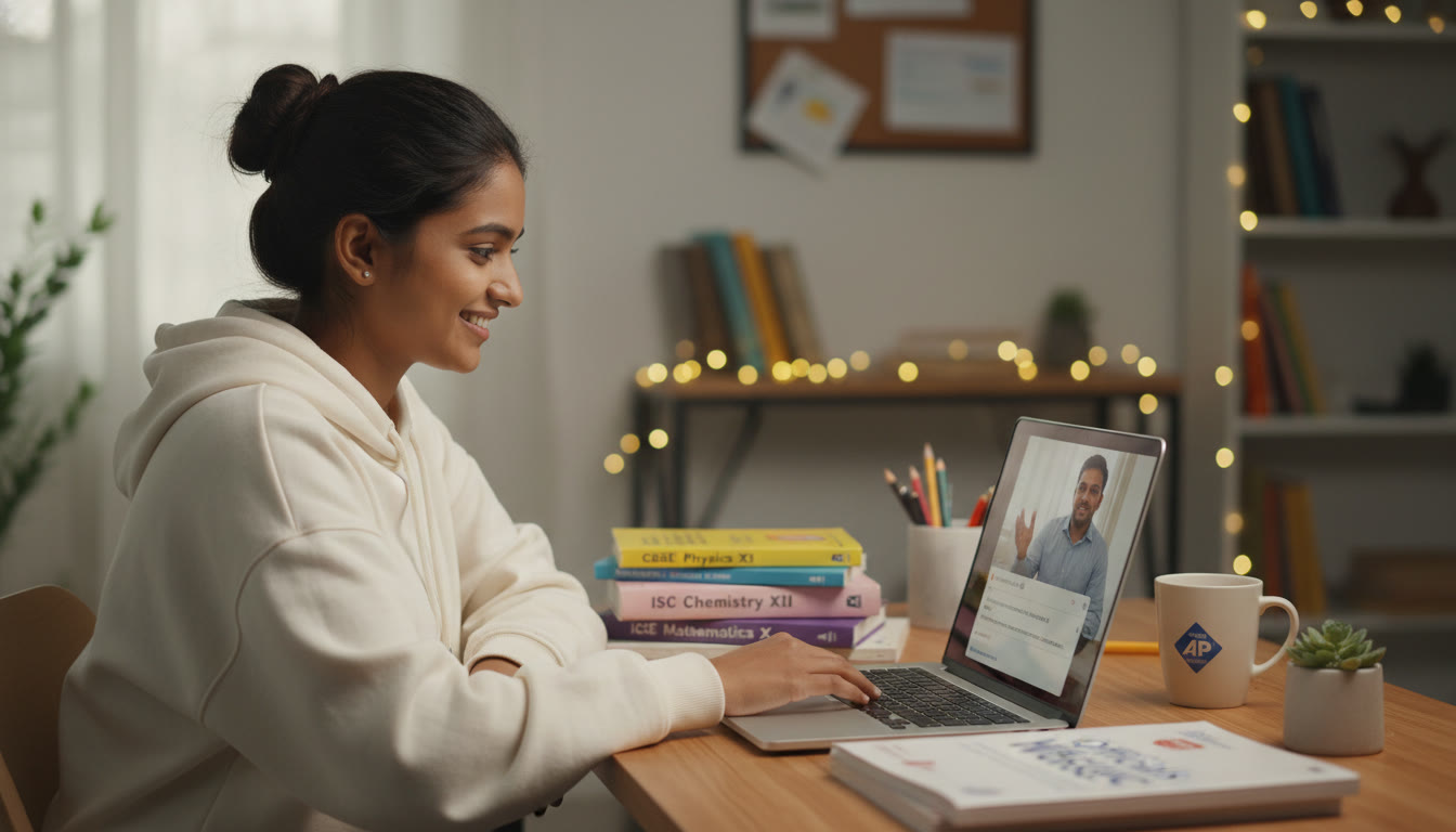Photo Idea : A cozy study snapshot of a student on a laptop during an online tutoring session, with a tutor visible in a small video window. Books for CBSE/ICSE/ISC and an AP workbook are on the desk, illustrating a blended approach to learning.