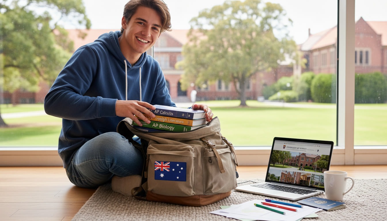 Photo Idea : A bright, hopeful photo of a teen packing a backpack with AP textbooks, an Australian flag patch, and a laptop showing a university homepage — to convey preparation and international ambition.