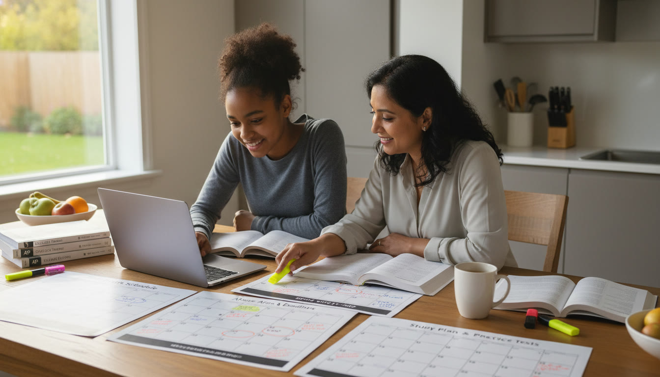 Photo Idea : A focused parent and teen at a kitchen table, laptop open, calendars and highlighters spread out — showing teamwork and planning. The light is warm and the mood is calm and confident.
