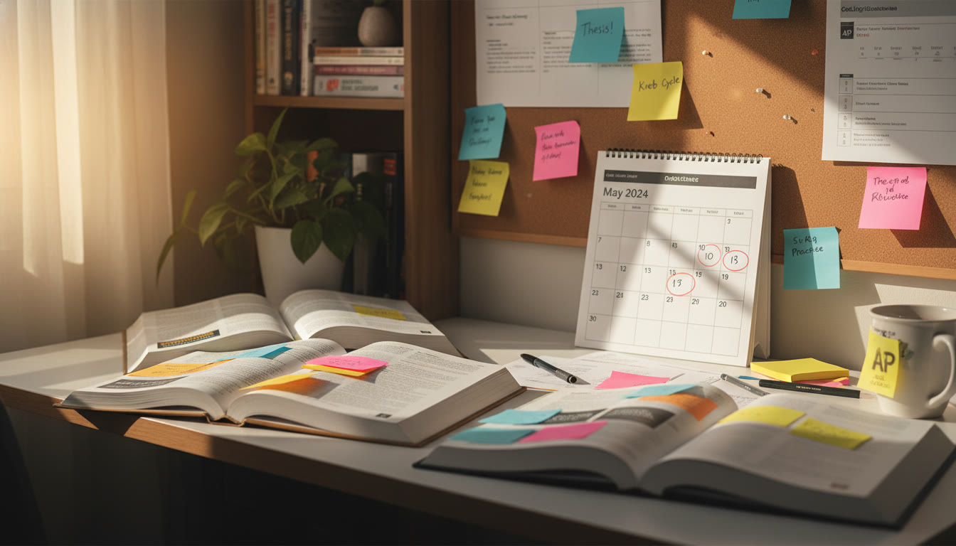 Photo Idea : A sunlit study desk with open AP review books, colorful sticky notes, and a calendar page for May with certain dates circled. Shows the planning moment — calm, organized, and hopeful.