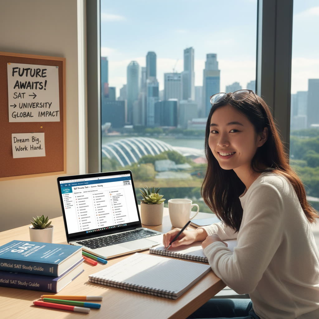 Photo Idea : A focused student at a bright desk reviewing practice SAT problems on a laptop, city skyline (Singapore) faintly visible through a window in the background—conveys international aspiration and quiet preparation.