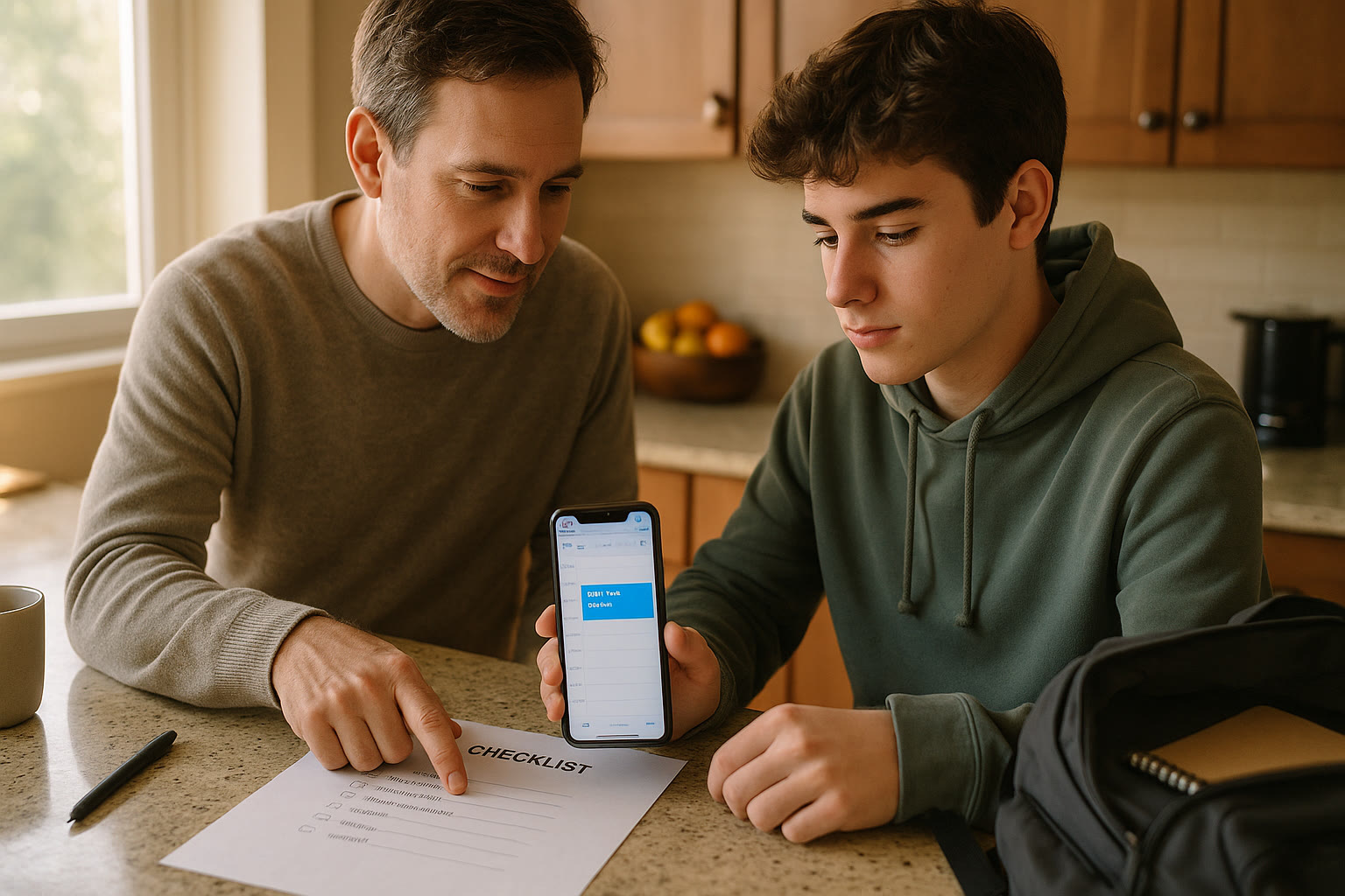 Photo Idea : A parent and student at a kitchen counter checking a printed checklist and a phone with a calendar app, showing calm preparation for test day.