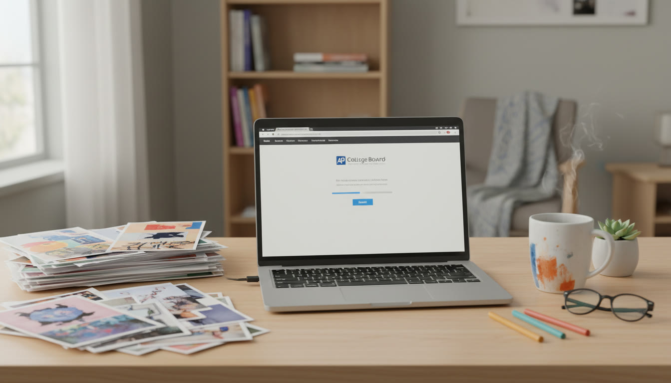 Photo Idea : A calm, organized workspace with printed portfolio pages, a laptop showing the application portal, and a mug โ a visual cue for final review and submission.