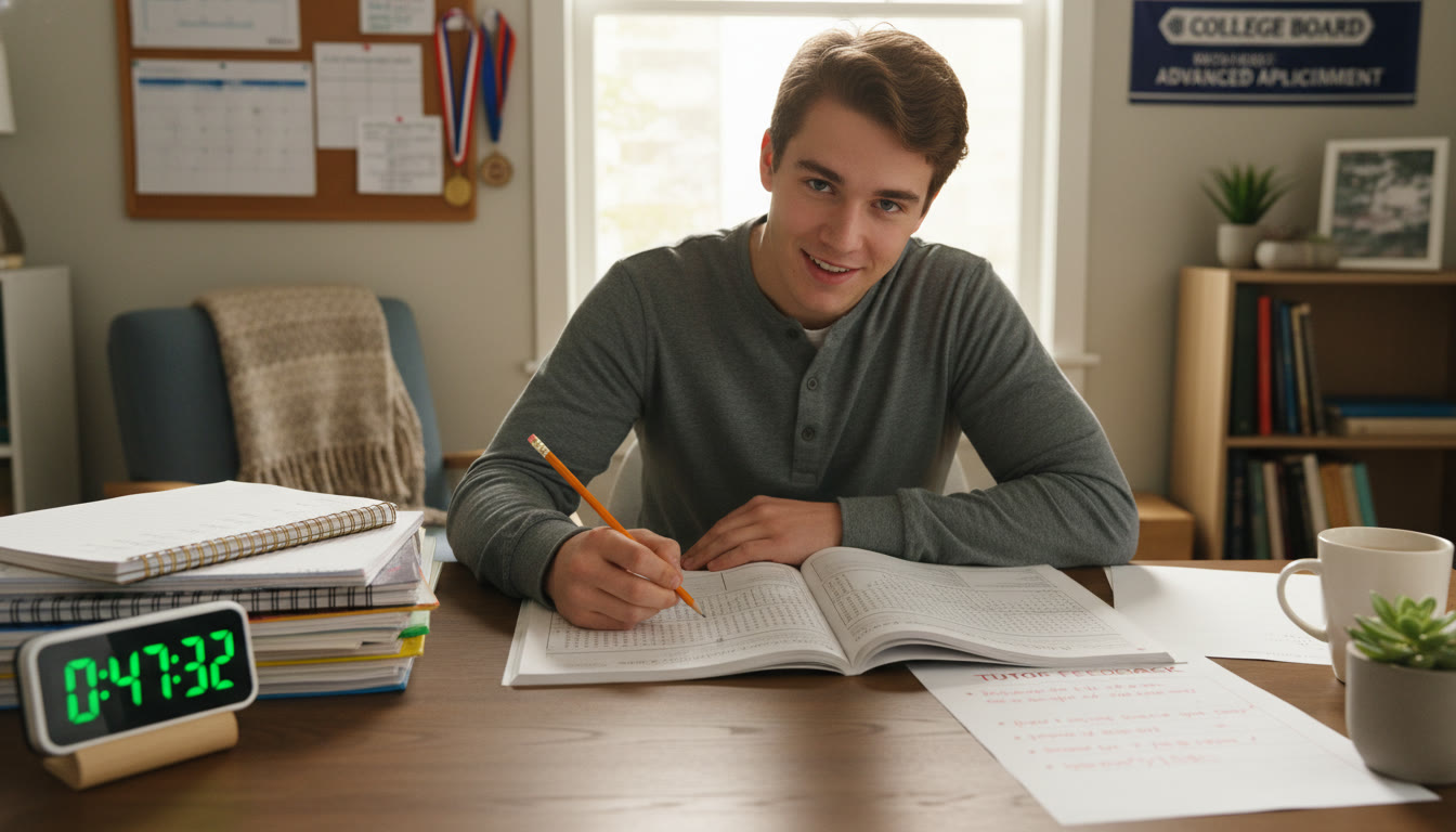 Photo Idea : A focused student at a desk mid-mock with a timer visible, notes nearby, and a tutor s feedback sheet on the side   conveys disciplined, supported home testing.