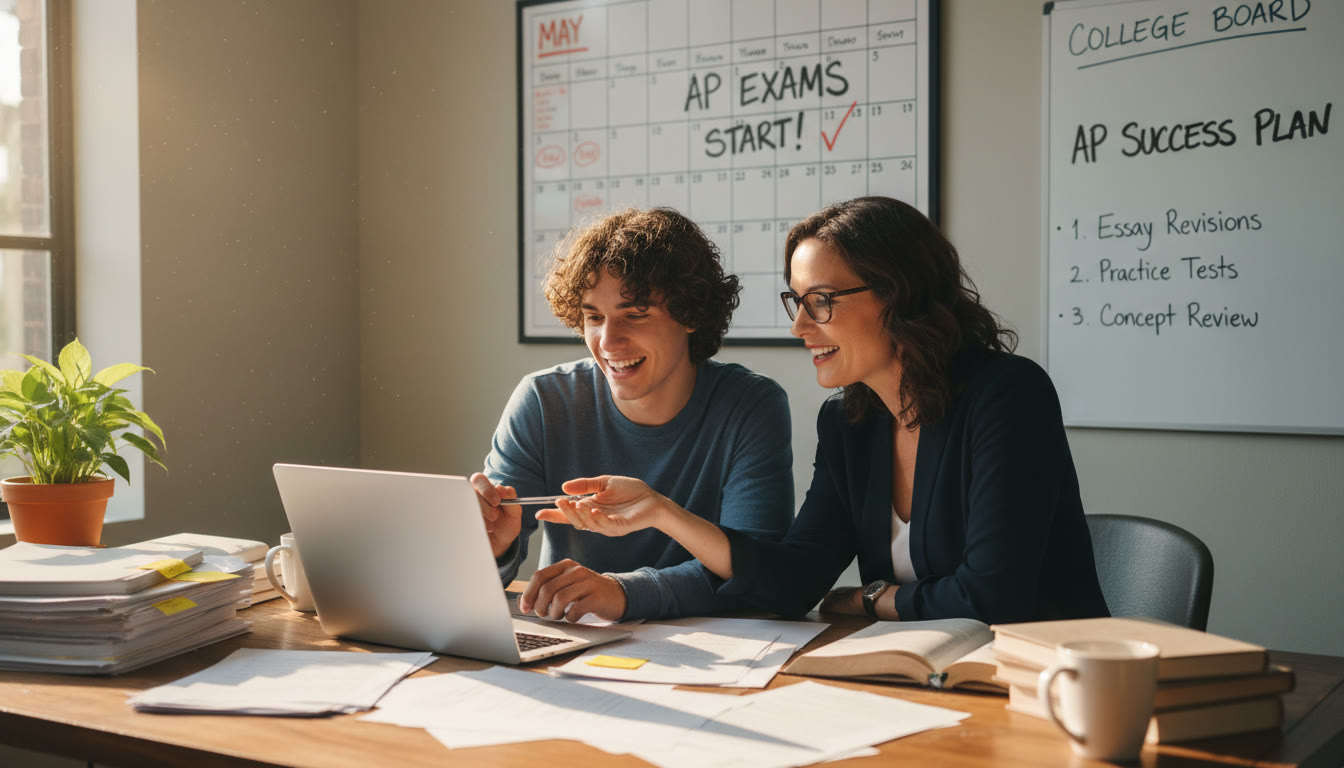 Photo Idea : A student and a tutor reviewing a laptop screen together, surrounded by printed essays and a calendar — collaborative, encouraging, and forward-focused.