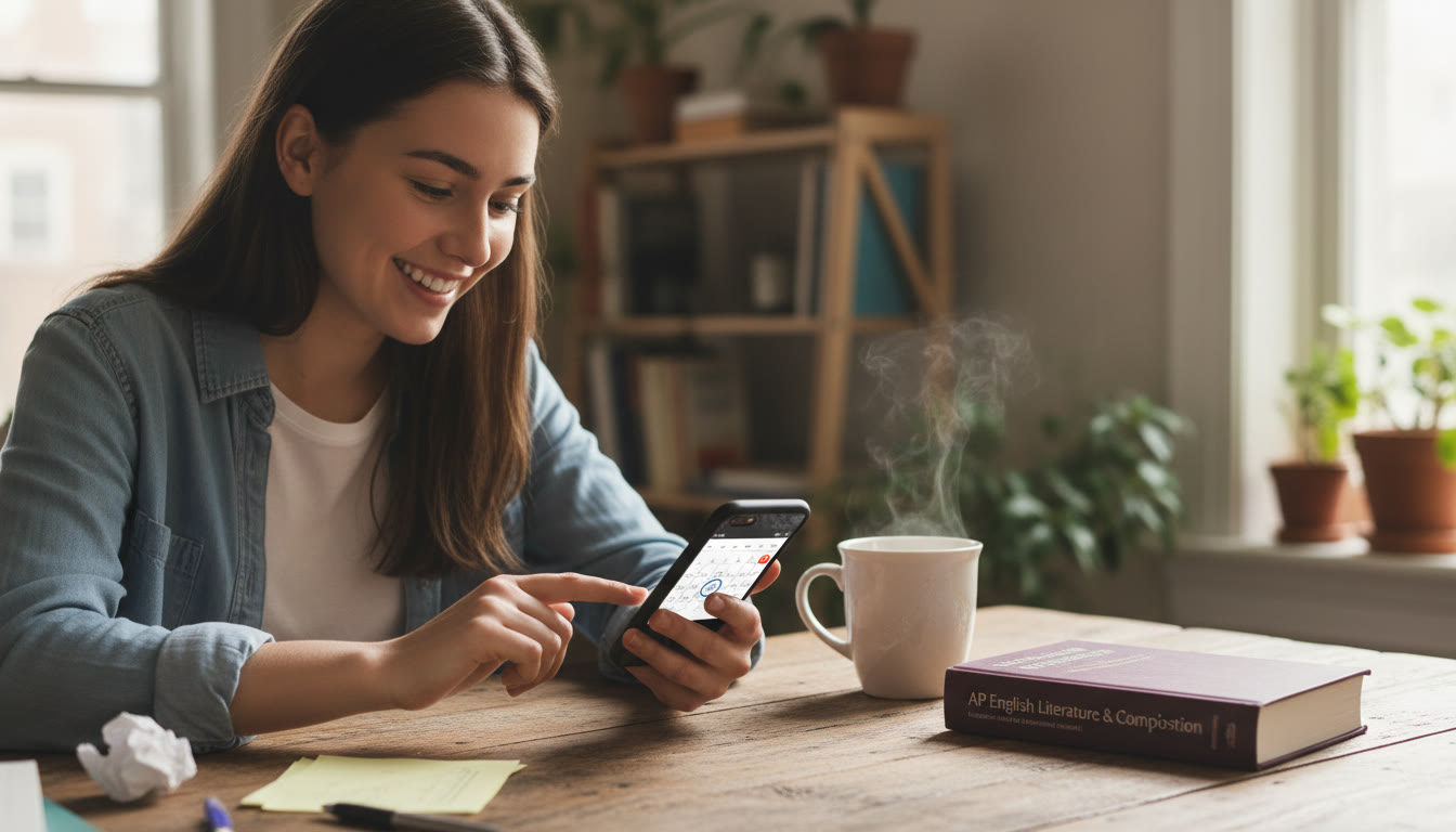 Photo Idea : A soft-lit photo of a student at a kitchen table with a textbook closed, a mug of tea nearby, and a phone showing a calendar app—conveys pausing to make a decision about an exam.