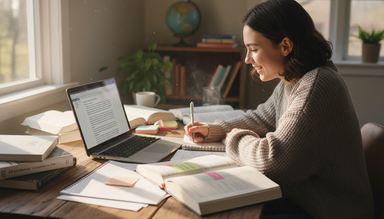 Photo Idea : A warm, candid shot of a high school student at a wooden desk surrounded by annotated books and a laptop, mid-essay in a sunlit room captures the focused humanities learner.