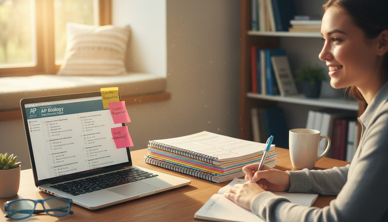 Photo Idea : A student at a tidy desk with a laptop open to a free practice exam on one side and printed premium lesson notes on the other; warm morning light and sticky notes visible.