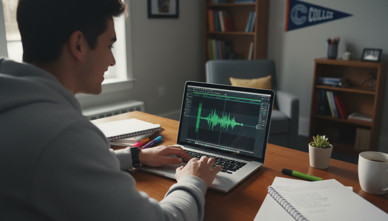 Photo Idea : Over-the-shoulder shot of a student editing audio on a laptop with waveform visible, showing focused hands and a tidy desk with notes — conveys the post-production step and calm attention to detail.