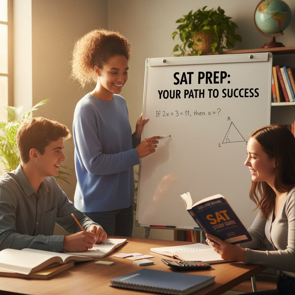 Photo idea: A small group tutoring session with a tutor pointing at a whiteboard while a student practices, representing 1-on-1 guidance and tailored instruction.
