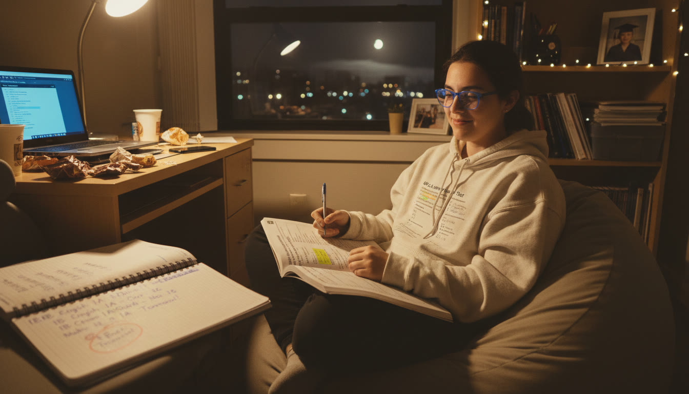 Photo Idea : A nighttime study scene showing a student reviewing an AP practice test while their school planner lists IB internal assessment and Extended Essay deadlines — highlights time management and late-night focused study.