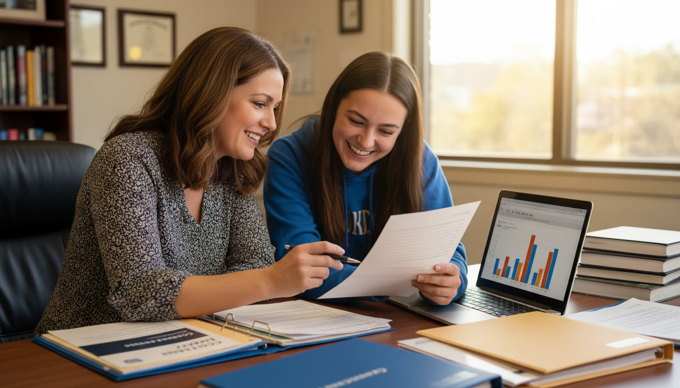 Photo Idea : A warm photo of a high school counselor and a student at a desk, surrounded by folders and a laptop, smiling as they check a list together. This should appear near the top to establish the article’s collaborative tone.