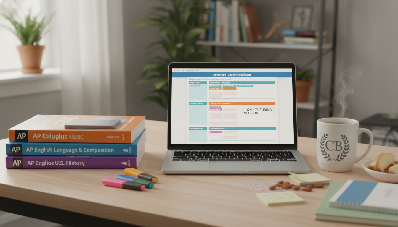 Photo Idea : A study table with AP prep books, a laptop displaying a personalized study plan, and a coffee cup—conveying focused, calm preparation and the role of structured support like 1-on-1 tutoring.
