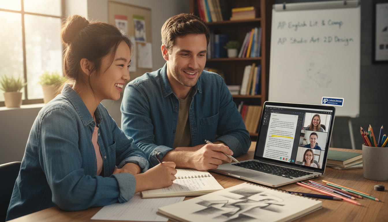 Photo Idea : A bright, inspirational shot of a student in a tutor session laptop open with a shared digital essay, a sketch on the table, and a tutor pointing at notes symbolizing the blend of artistic and academic mentoring.