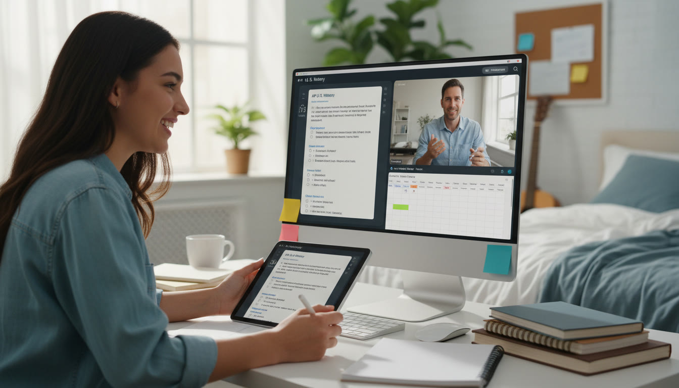 Photo Idea : A dynamic image of a student studying with a tutor online — screen showing practice AP questions and a planner — communicates modern, personalised tutoring and the hybrid study style many students use today.