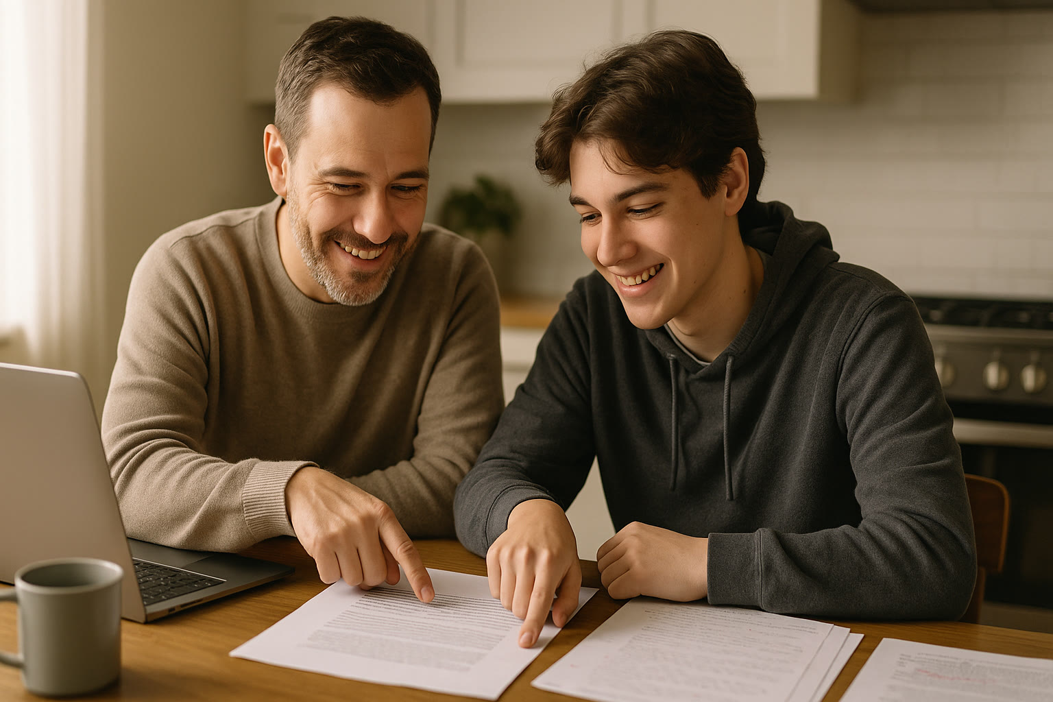 Photo Idea : A parent and high school student sitting at a kitchen table with a laptop and paper drafts scattered around, smiling and pointing at a paragraph together.