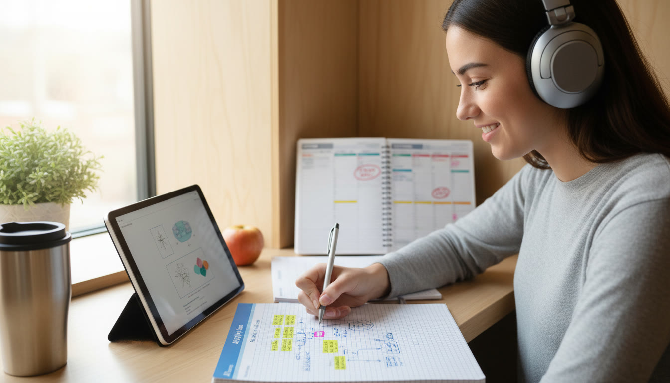 Photo Idea : A bright, candid photo of a student in a quiet study nook wearing headphones, taking notes on a half-filled note grid worksheet with a calm expression. Include a small calendar or planner in the background to suggest organized prep.