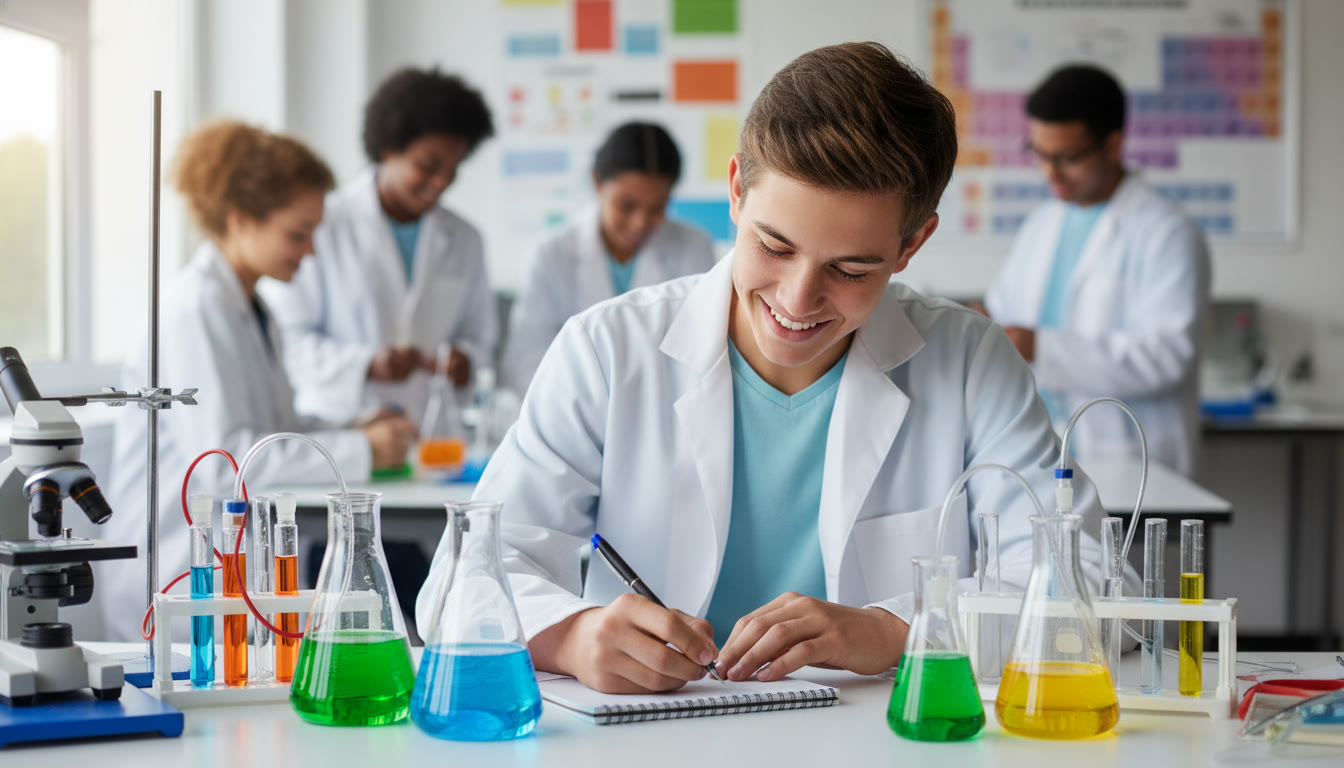 Photo Idea : A high school student in a lab coat smiling while recording observations in a notebook, with equipment and colorful solutions in the background — conveys hands-on science and confident learning.