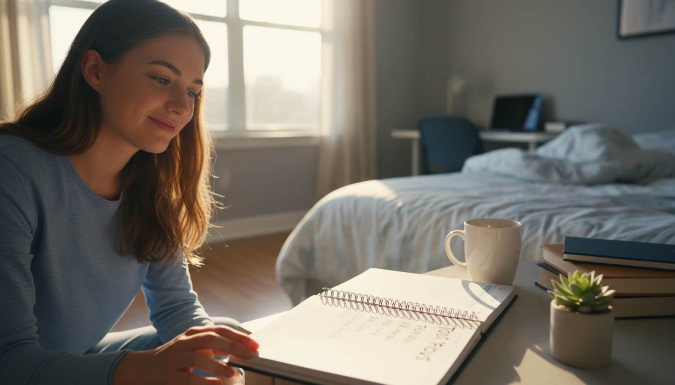 Photo Idea : Morning scene showing a student waking up refreshed, reaching for a planner with 