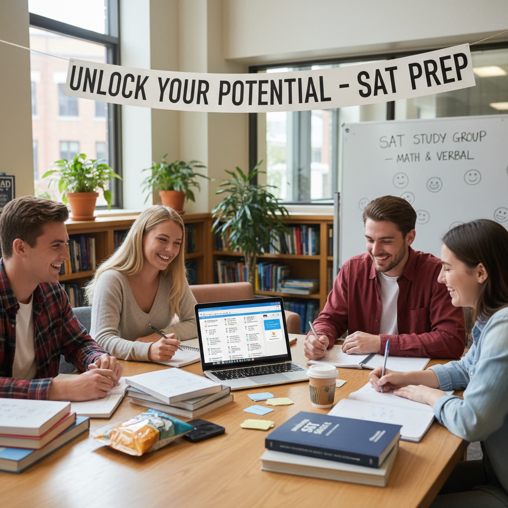 Students studying around a table with books, notes, and a laptop showing practice tests—friendly, collaborative scene highlighting preparation and focus.