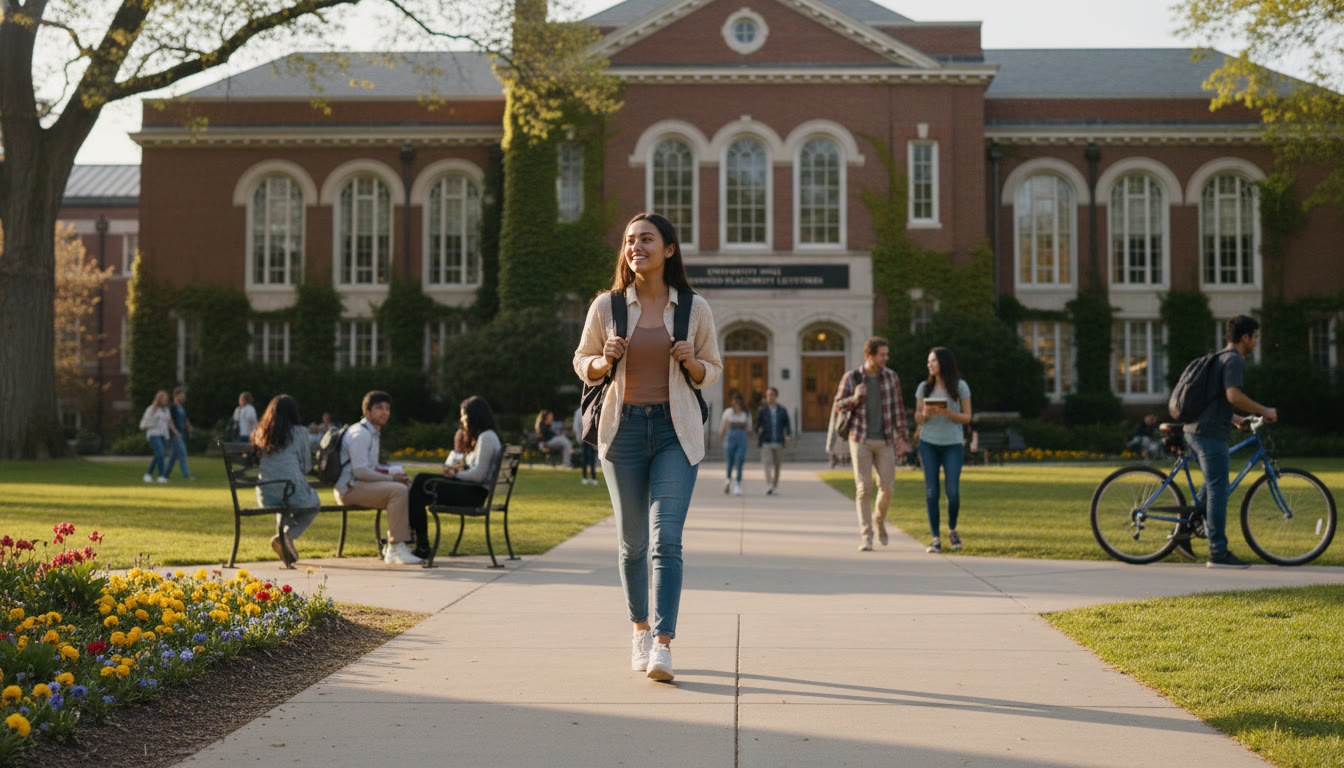 Photo Idea : A bright campus scene with a student walking past a lecture hall, backpack on, smiling — symbolizes the freedom and choices that AP credit can create.