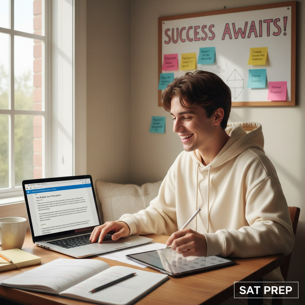 Photo Idea : Close-up of a student using a laptop and tablet side-by-side, practicing a digital SAT section in a cozy study nook — natural light, pencil and notes nearby.