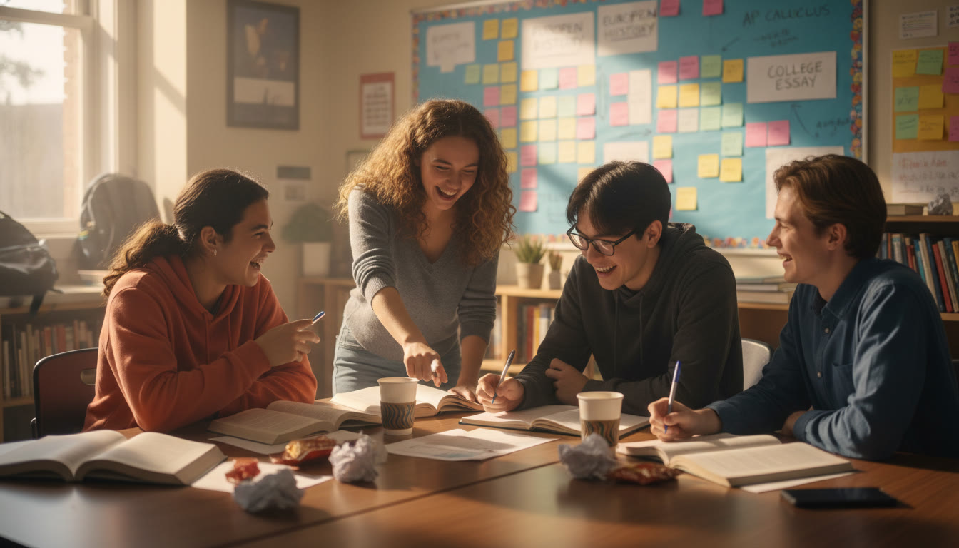 Photo Idea : A small group of high school students around a table, animatedly discussing papers and a laptop, post-it notes on the wall. Capture diversity and focus—natural light, candid interaction.
