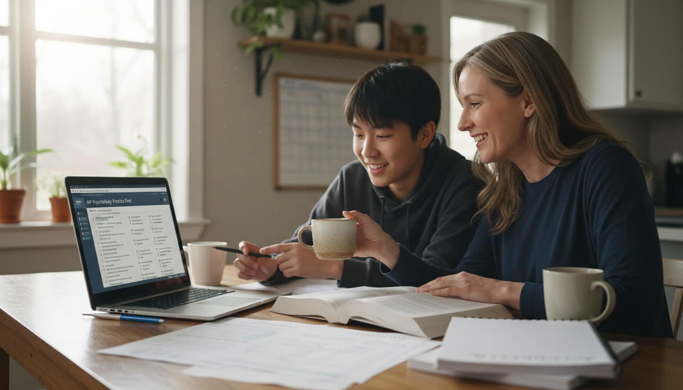Photo Idea : A warm, candid photo of a parent and teen at the kitchen table reviewing school paperwork and a laptop. The scene should feel collaborative—coffee mug, textbook, AP practice test on the screen—capturing the partnership between parent and student.