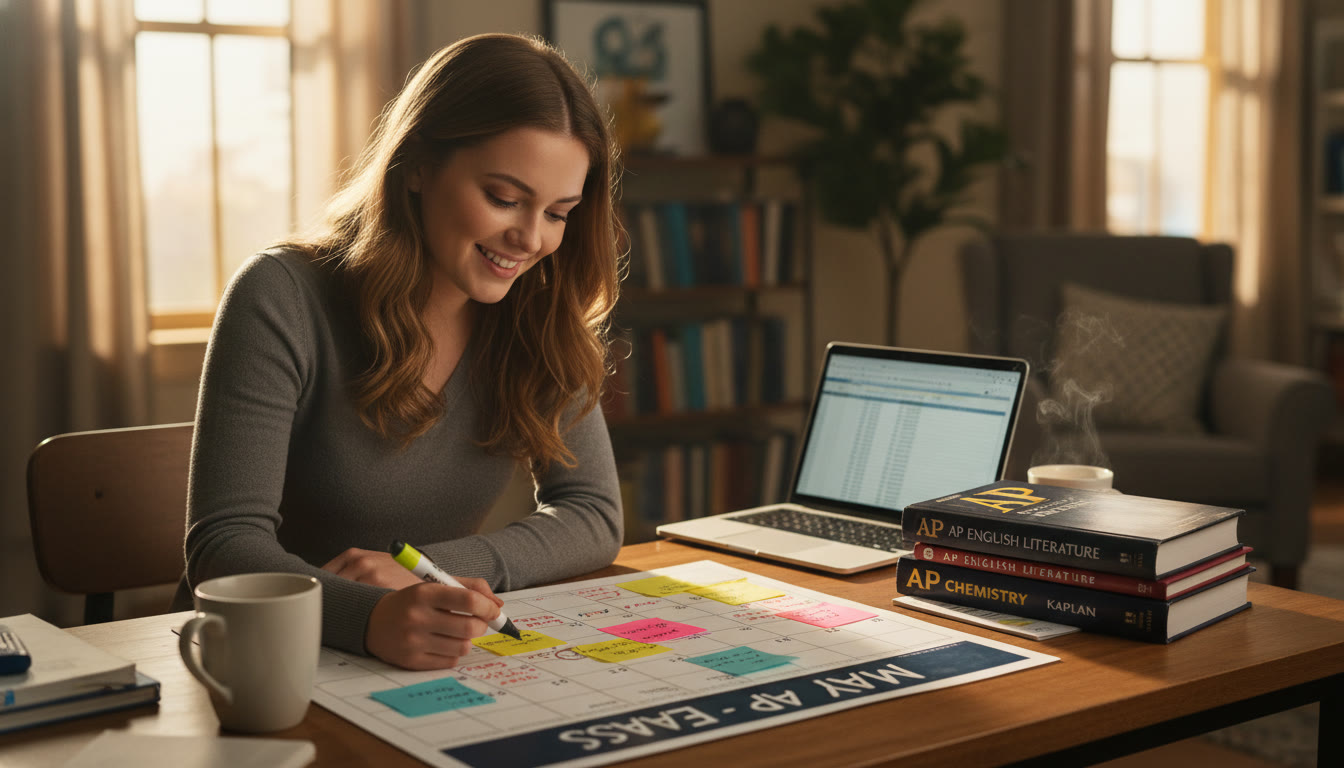 Photo Idea : A student at their desk with a calendar, sticky notes, and AP prep books, mapping out a plan — warm lighting, focused expression.