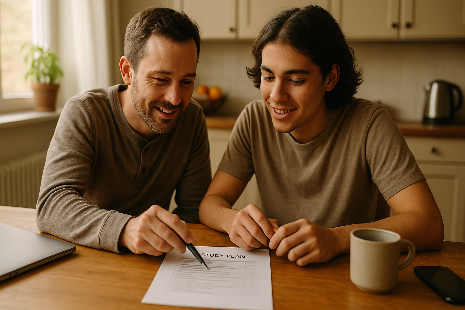 Photo Idea : A candid shot of a parent and teen reviewing a one-page study plan together at a kitchen table—warm, collaborative, low-pressure atmosphere.