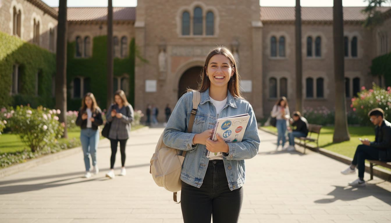 Photo Idea : A candid photo of a student walking near a university building in Barcelona or Madrid, backpack on, holding a notebook with AP study stickers — suggests the next step: arriving on campus and continuing the learning journey.