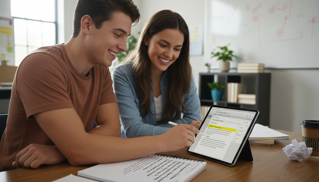 Photo Idea : A classroom scene of a small tutoring session where a student and tutor review a DBQ essay on a tablet; the tutor points to a highlighted thesis while a notebook shows a short context paragraph.