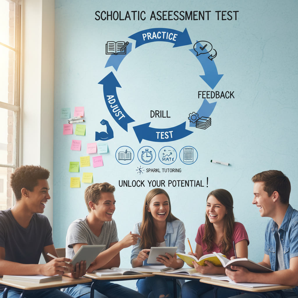 A simple infographic showing the cycle: Practice → Feedback → Drill → Test → Adjust, with icons for reading, writing, math, and a small Sparkl logo-style symbol to suggest personalized tutoring influence.