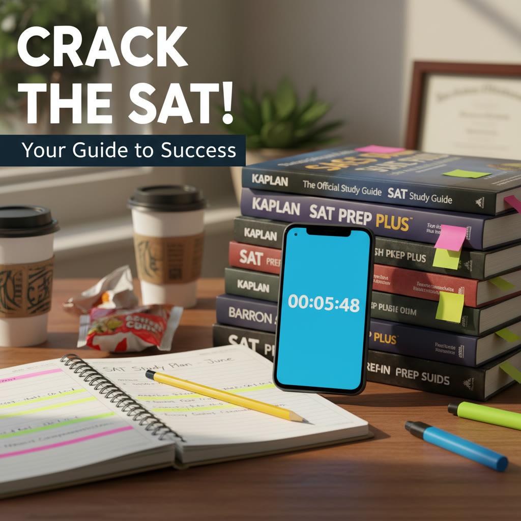 Close-up of a phone timer and a stack of SAT prep books with a highlighted planner beside them.