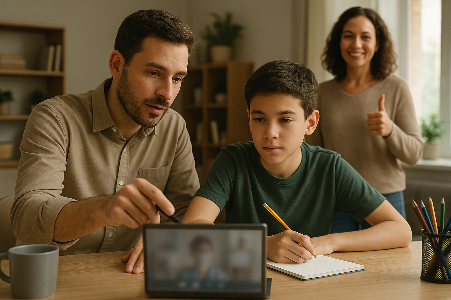 Photo Idea : An image showing a tutor and student at a laptop engaged in a focused online tutoring session, with the parent in the background offering a thumbs-up—subtle and warm.
