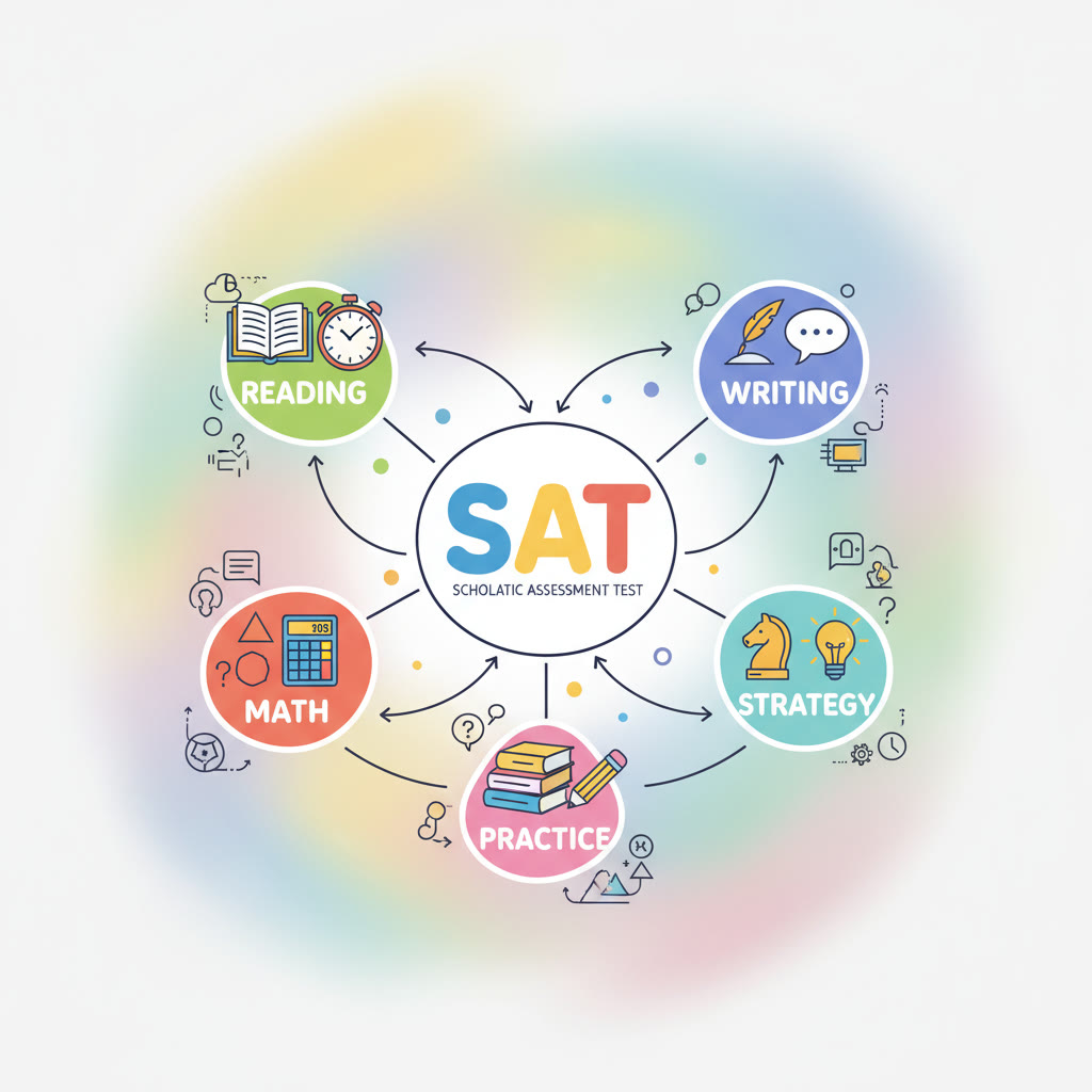 Illustration of a colorful digital mind map centered on 'SAT' with branches for Reading, Writing, Math, Strategy, and Practice — shows icons for clocks, books, and light bulbs