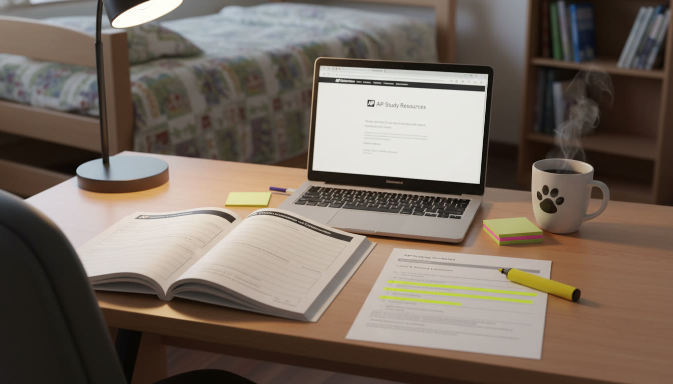 Photo Idea : A quiet study desk with an open exam booklet, a printed scoring guideline with highlighted bullets, and a highlighter near a laptop. The composition should emphasize focus and strategy rather than chaos.