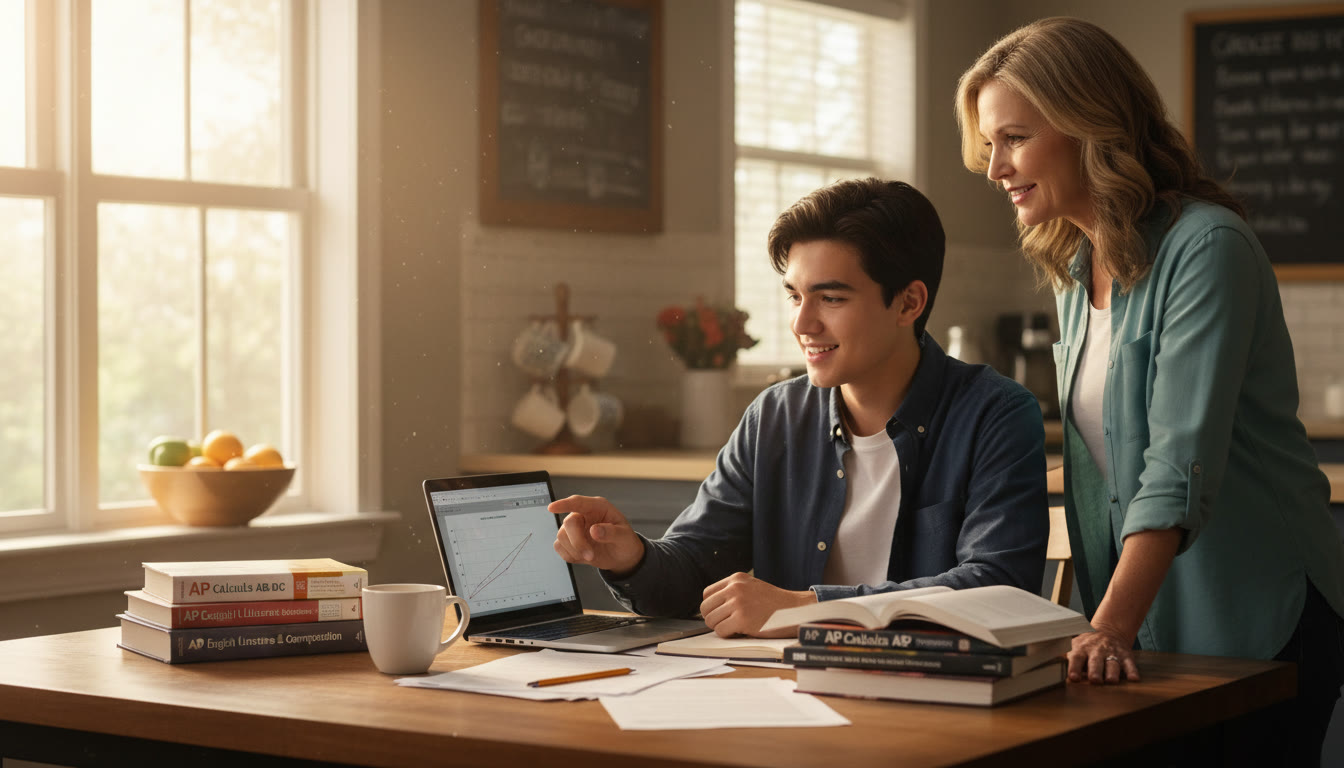 Photo Idea : A bright, candid shot of a high school student studying with a laptop and AP review books at a sunny kitchen table — warm tones, focused expression, a parent nearby offering supportive guidance.
