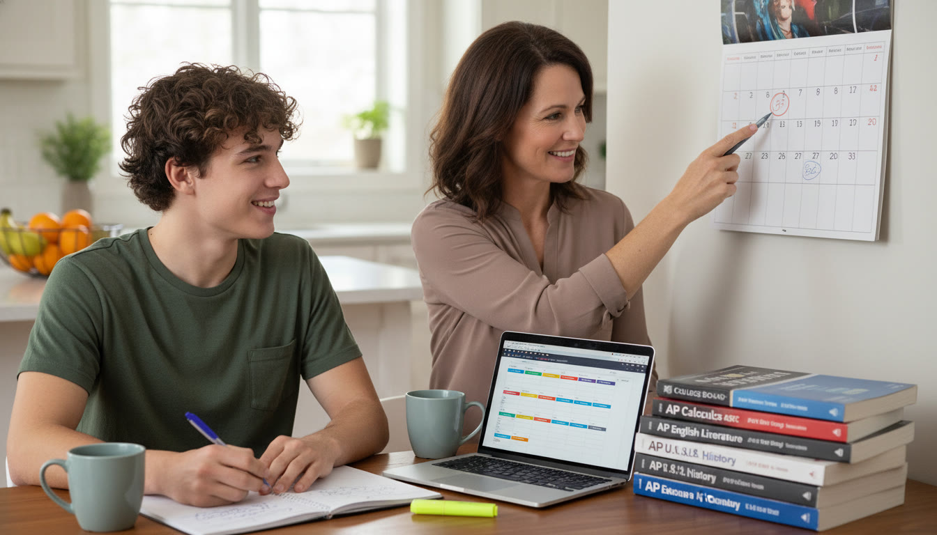 Photo Idea : A candid, warm photo of a parent and teen sitting at a kitchen table with a laptop, calendar, and a stack of AP prep books — the parent pointing at a calendar date while the teen smiles and makes notes.