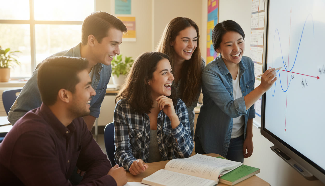 Photo Idea : A dynamic classroom scene of students gathered around a whiteboard where someone is sketching a curve and tangent line — conveys collaborative discovery and the geometric meaning of derivatives.