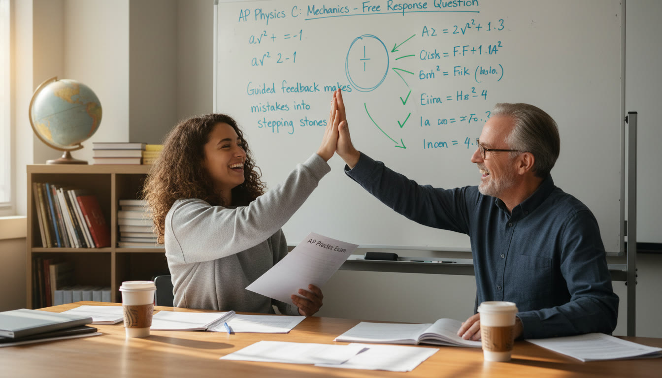 Photo Idea : A student and tutor (or study buddy) reviewing a practice free-response together, celebrating a breakthrough on a whiteboard. Caption: 