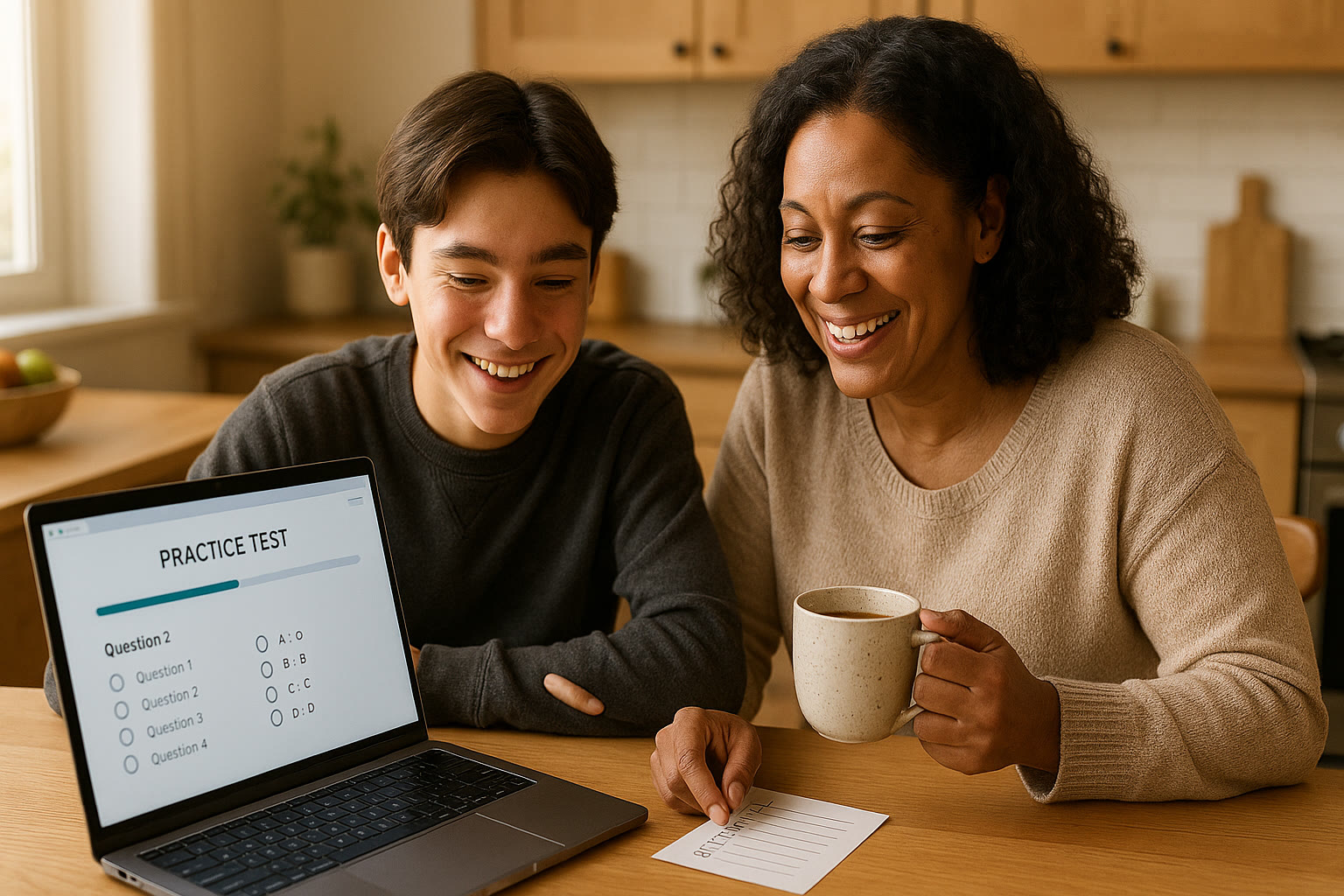 Photo Idea : A bright, warm photo of a student at a kitchen table with a laptop open to a digital practice test, a parent sitting nearby holding a cup of tea, both smiling and reviewing a short checklist together.