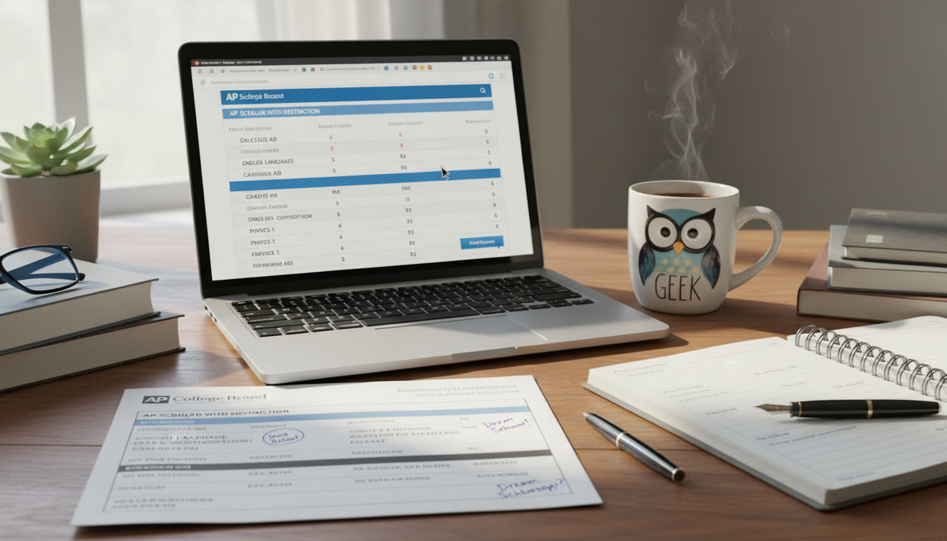 Photo Idea : A close-up of a student’s desk with an AP score report, a laptop open to an online score report, and a coffee mug — conveys focused, calm planning.