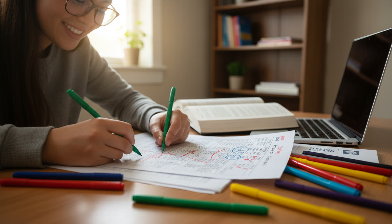 Photo Idea : Close-up of a student annotating a printed transcript with colored pens, showing the coding process used in qualitative analysis.